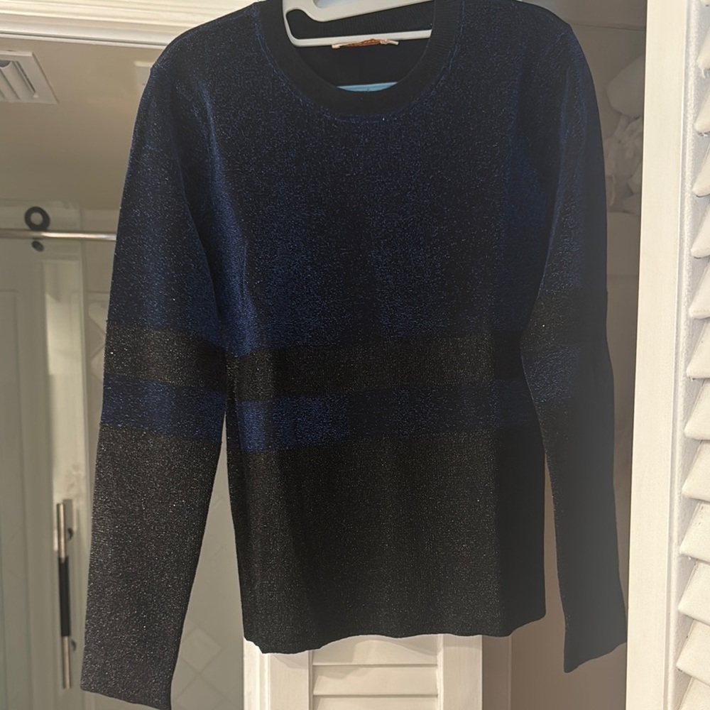 TORY BURCH Black and Blue metallic top.